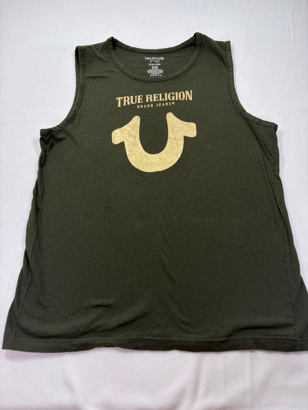 True Religion Brand Jeans Men’s XL Olive Sleeveless Tank Top Horseshoe Logo Tee